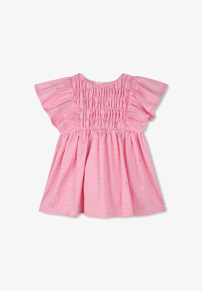 Pink dress with a textured grid pattern, smocked bodice, and flutter sleeves. Features embroidered heart motifs throughout.