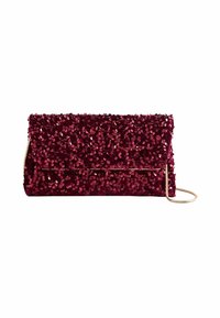 Bordeaux farvet clutch taske med fold-over flap, guld kædestropp og glat inderside. Ydersiden har en tæt pailletstruktur.