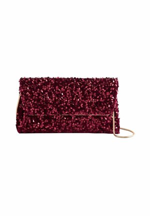 Borsa a pochette bordeaux con paillettes, dotata di un pattina pieghevole, tracolla in oro e interno liscio. L'esterno presenta una densa texture di paillettes.