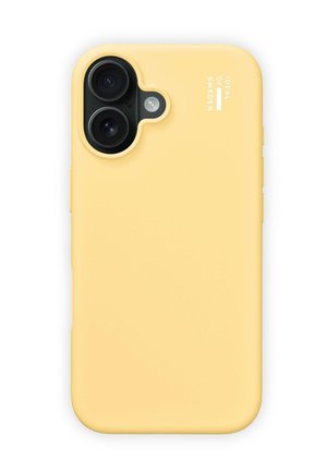 Yellow silicone phone case with dual camera cutout, smooth texture, and embossed logo on the side. Rounded edges and soft finish.