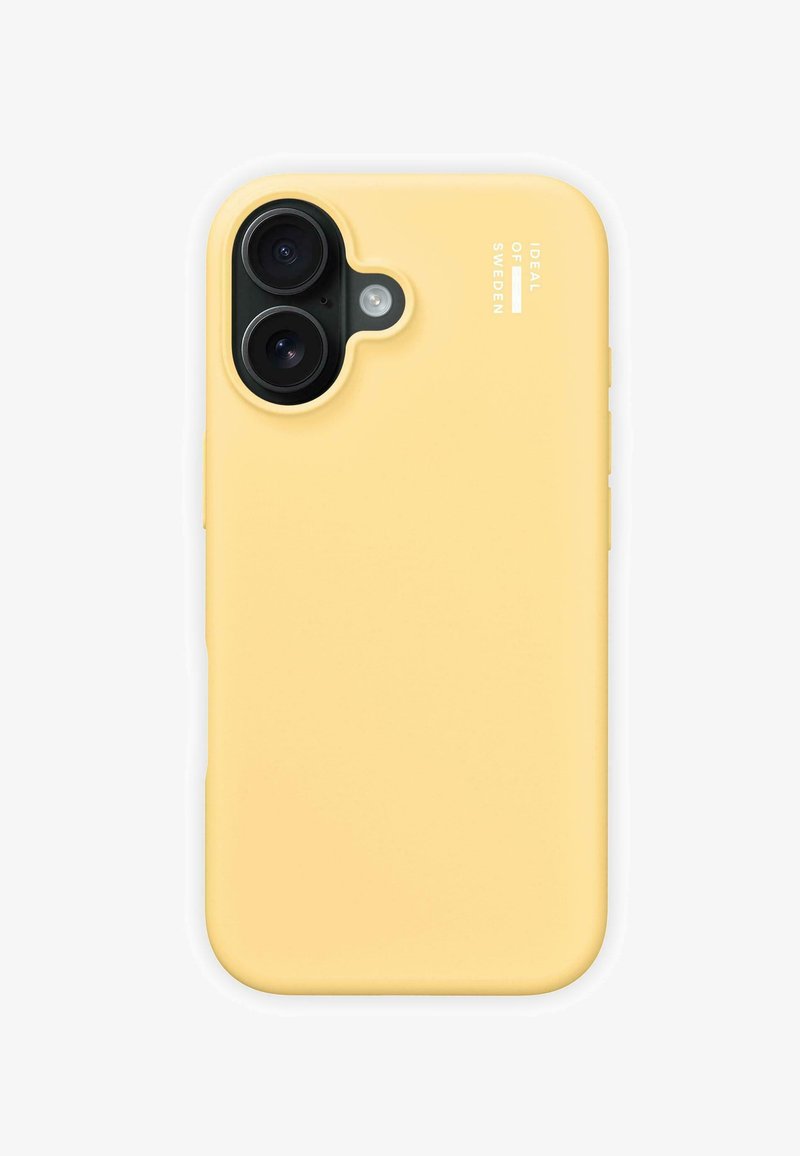 Housse de téléphone en silicone jaune avec découpe pour double caméra, texture lisse et logo embossé sur le côté. Bords arrondis et finition douce.