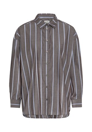 Gestreiftes Hemd aus leichtem Stoff. Brauner Grundton mit vertikalen blauen Streifen. Verfügt über einen Kragen, lange Ärmel und eine Knopföffnung.