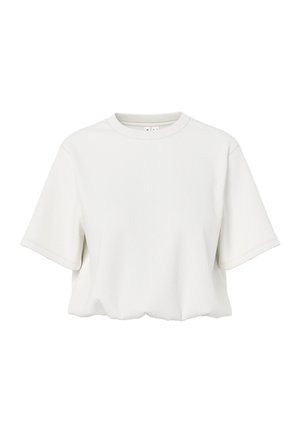 Plain white cropped T-shirt with short sleeves and a round neckline, laid flat on a white background.