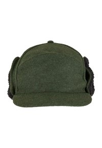 Zelená vlněná čepice s plochým kšiltem, vybavená fleecovými ušnicemi pro teplo a hladkým povrchem. Minimalistický design bez viditelných log.