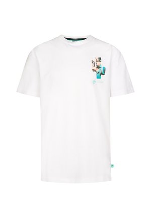 T-shirt bianca in cotone con grafica colorata sul davanti, scollo rotondo e maniche corte. Dettaglio con etichetta sull'orlo.