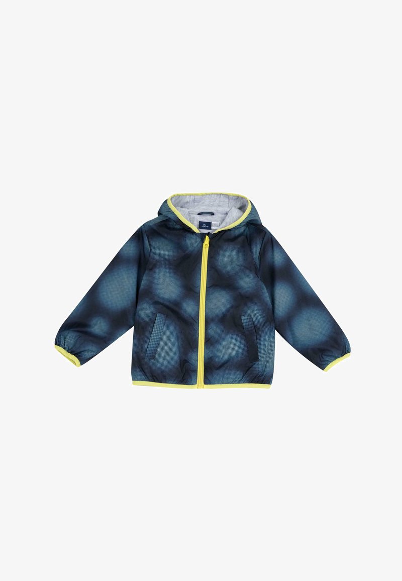 Veste à capuche légère de couleur bleu foncé avec un motif géométrique. Elle dispose d'une fermeture éclair et d'un ourlet jaunes, ainsi que de deux poches latérales.