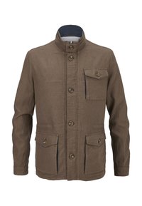 Brauner Stoffjacke mit hohem Kragen, fünf Knöpfen und zwei vorderen Taschen. Mit kontrastierenden Besätzen und einem strukturierten Material.