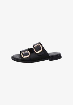 Black slide sandal featuring two large gold-tone buckles, a textured upper, a flat sole, and an open-toe design.