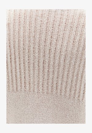 Tissu en tricot côtelé beige clair avec une texture douce. Le design présente des rayures verticales alternées et une section inférieure lisse.