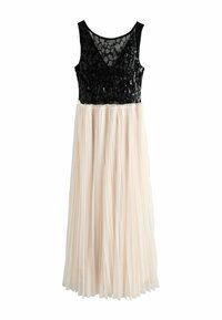 Schwarzer, mit Pailletten besetzter Oberteil mit V-Ausschnitt, der in einen plissierten, bodenlangen Rock in hellem Beige übergeht. Strukturierter Schnitt mit ärmellosem Design.