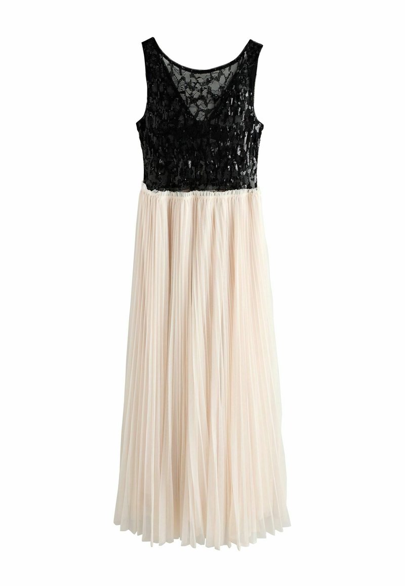Schwarzer, mit Pailletten besetzter Oberteil mit V-Ausschnitt, der in einen plissierten, bodenlangen Rock in hellem Beige übergeht. Strukturierter Schnitt mit ärmellosem Design.