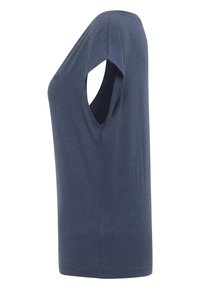 Navy blue short-sleeve t-shirt with a v-neck design, made of soft, textured fabric; features loose fit and minimal seams.