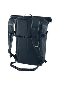 Dark blue backpack with padded mesh back, adjustable straps, side pockets, and roll-top closure. Durable fabric with rectangular shape.