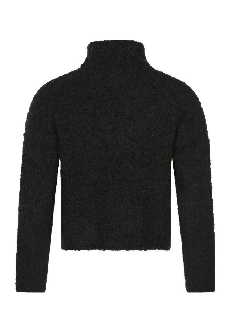 Zwarte cropped trui, gebreide textuur, hoge hals, lange mouwen en zachte afwerking. Geen zichtbare versieringen of patronen.