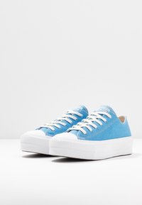 Paire de baskets basses en toile bleu clair avec semelles en caoutchouc blanches, lacets blancs et bouts texturés, posées sur une surface blanche.