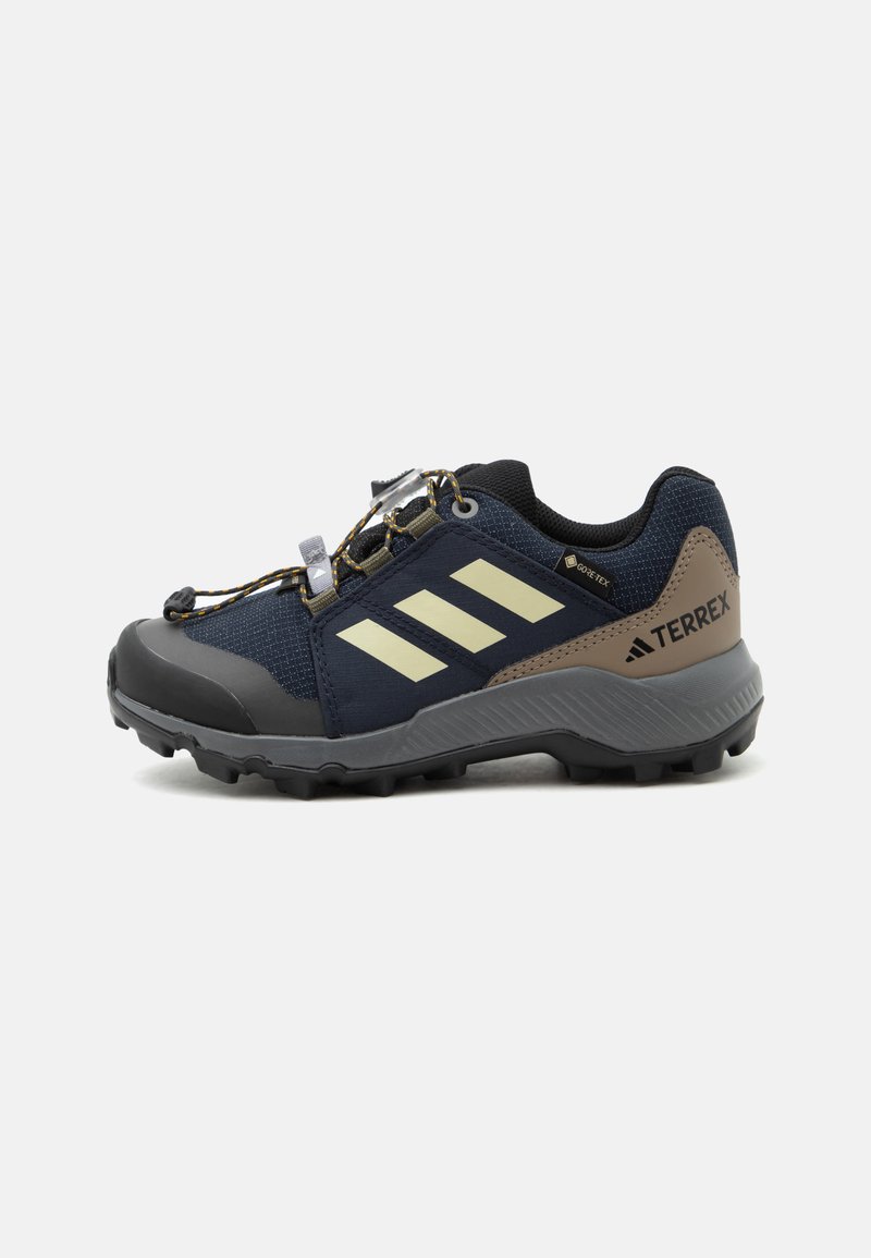 Πανί και ταμπά πεζοπορικά παπούτσια Adidas Terrex με ανθεκτική σόλα, ετικέτα Gore-Tex και σύστημα γρήγορου δέσιμου για υπαίθρια χρήση.