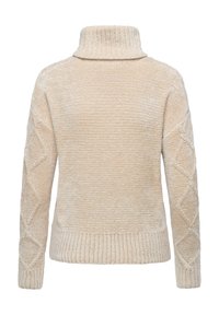Maglione beige con collo a dolcevita e orlo a coste. Presenta maniche a motivi a diamante testurizzati. Materiale a maglia morbido e accogliente.