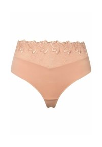 Beige hoge taille slipjes met een bloemenkant rand bij de tailleband, gekenmerkt door een gladde stof en een zachte textuur voor comfort.
