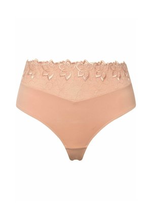 Beige hoge taille slipjes met een bloemenkant rand bij de tailleband, gekenmerkt door een gladde stof en een zachte textuur voor comfort.
