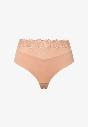 Beige hoge taille slipjes met een bloemenkant rand bij de tailleband, gekenmerkt door een gladde stof en een zachte textuur voor comfort.