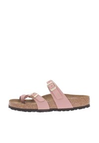 Pink two-strap sandal with adjustable metal buckles, cork footbed, and rubber sole, featuring a simple, minimalist design.