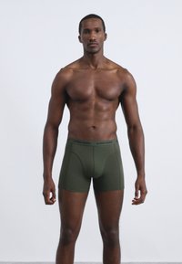 Boxer a slip da uomo di colore verde scuro realizzati in tessuto elasticizzato, con un elastico nero marchiato. Il design è semplice e aderente.