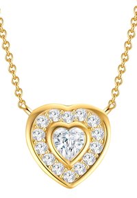 Kuldne südamekujuline ripatsikett, mille keskel on süda-lõikeline teemant, ümbritsetud väiksematest ümardatud teemantidest, delikaatsel kettal.