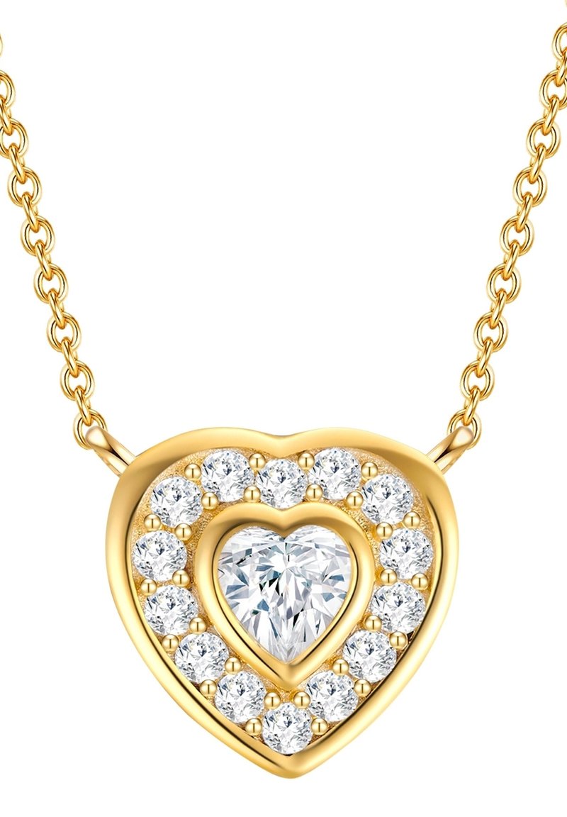 Kuldne südamekujuline ripatsikett, mille keskel on süda-lõikeline teemant, ümbritsetud väiksematest ümardatud teemantidest, delikaatsel kettal.