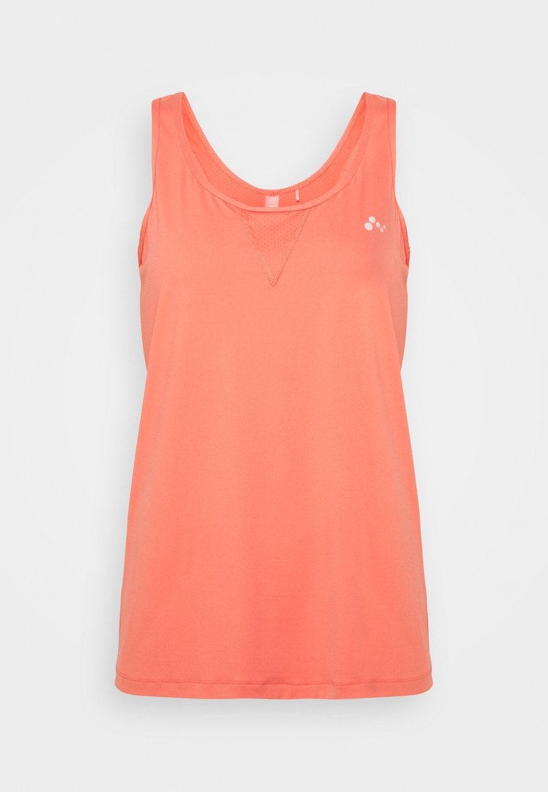 Débardeur de sport corail sans manches avec encolure ronde et petit logo blanc sur le haut gauche de la poitrine.