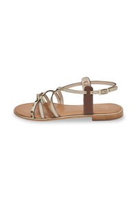 Brown leather sandal with metallic cross straps, flat sole, and adjustable ankle buckle. Smooth texture and minimalist design.