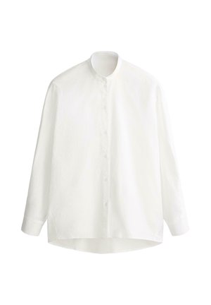 White long-sleeve shirt with band collar and front buttons, slightly longer back hem, displayed on a white background.