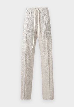 Silberne, texturierte Hose mit lockerer Passform. Sie verfügt über einen Kordelzugbund und einen dezenten Glanz. Gerades Bein-Design ohne zusätzliche Verzierungen.