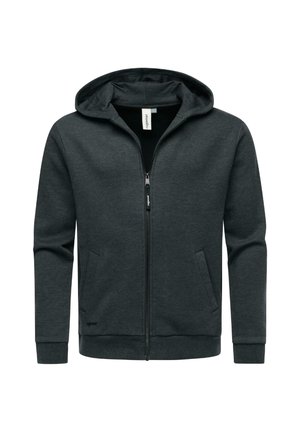 Gray zip-up hoodie made of soft fabric, featuring a hood, front pockets, and ribbed cuffs. Simple design with no prominent patterns or accents.