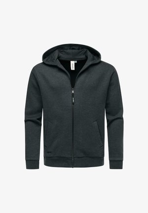 Grauer Reißverschluss-Hoodie aus weichem Stoff, mit Kapuze, vorderen Taschen und gerippten Bündchen. Einfaches Design ohne auffällige Muster oder Akzente.