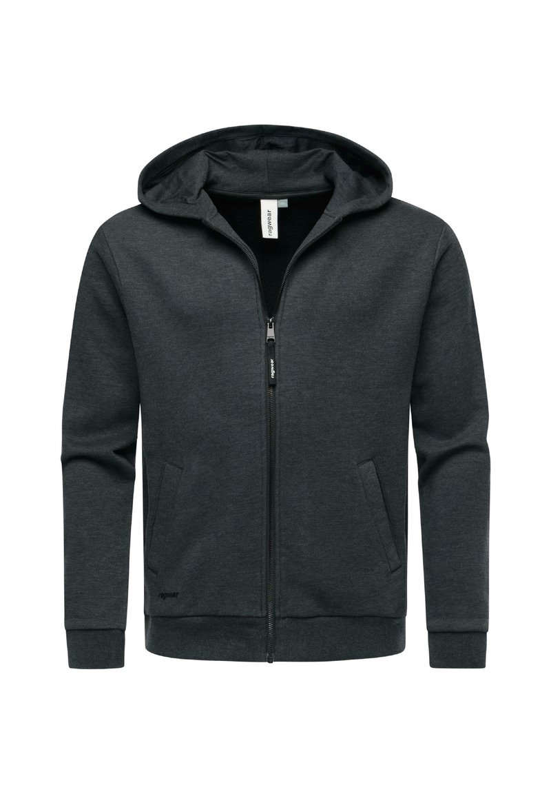Gray zip-up hoodie made of soft fabric, featuring a hood, front pockets, and ribbed cuffs. Simple design with no prominent patterns or accents.