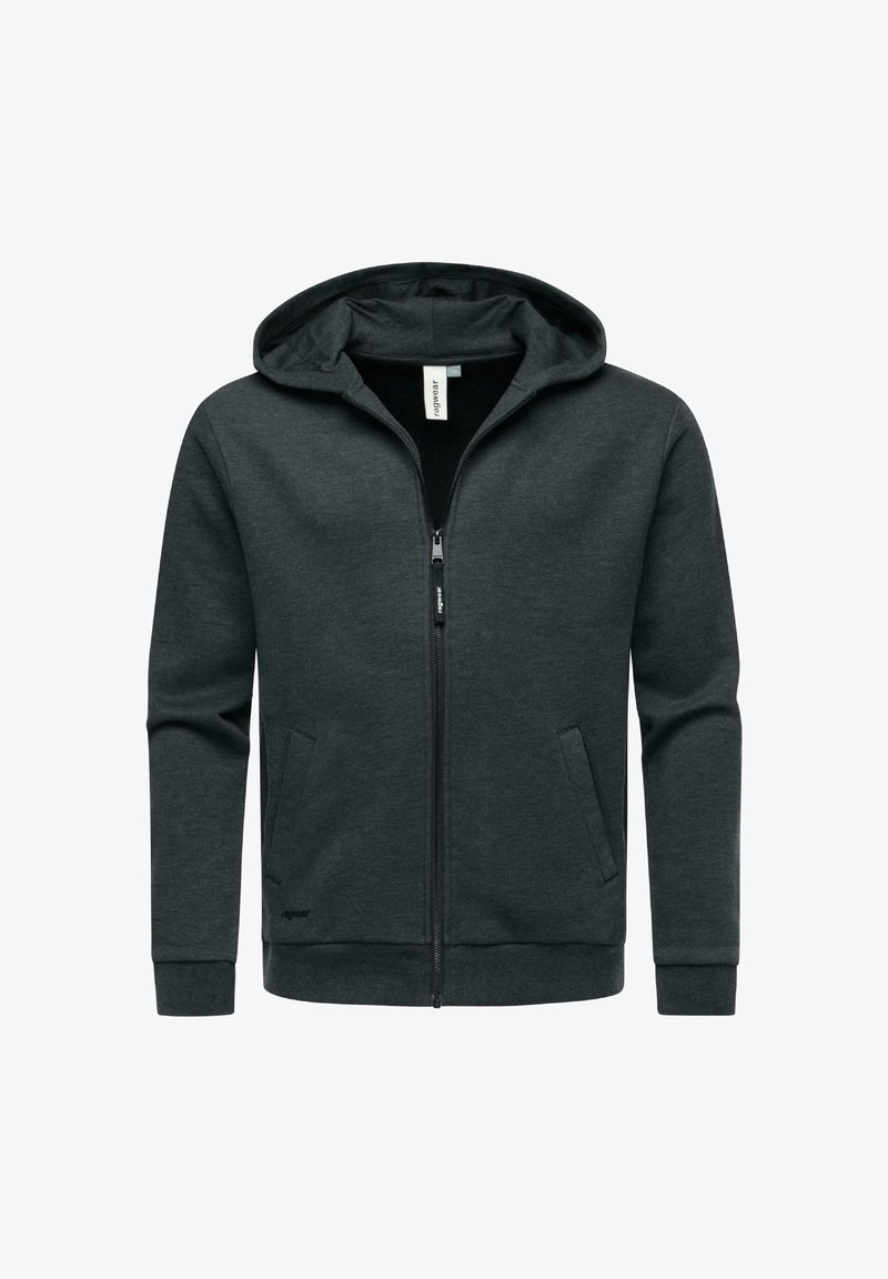 Felpa grigia con zip realizzata in tessuto morbido, dotata di cappuccio, tasche frontali e polsini a costine. Design semplice senza motivi o accenti prominenti.