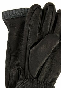 Zwarte leren handschoenen met een gestructureerde afwerking, voorzien van een grijs gebreid manchet en een ontwerp met drie vingers. De palm is licht gewatteerd voor extra grip.