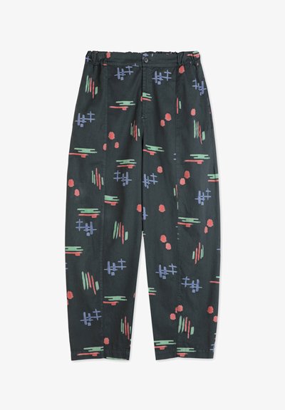 Svarta bomullsbukser med abstrakta färgglada mönster i grönt, rött och blått. Har en elastisk midja och avsmalnande ben.