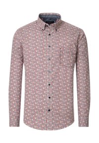 Long-sleeve button-up shirt featuring a multicolored dot pattern in red, blue, and white, with a pocket and collared neckline.