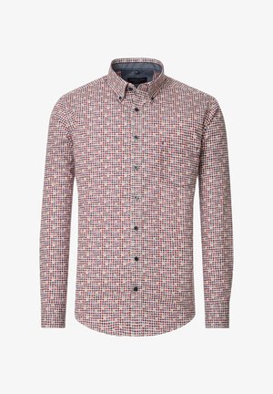 Langärmliges Hemd mit Knopfleiste und einem mehrfarbigen Punktmuster in Rot, Blau und Weiß, mit einer Tasche und kragenförmigem Ausschnitt.