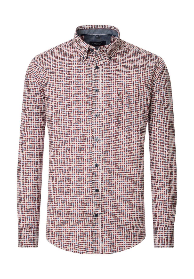 Long-sleeve button-up shirt featuring a multicolored dot pattern in red, blue, and white, with a pocket and collared neckline.