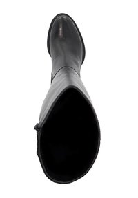 Black leather knee-high boot with a rounded toe, smooth texture, and a zipper on the side. Interior lined in black fabric.