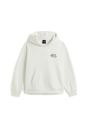 Biała bluza Vans z kapturem, z przednią kieszenią i małą grafiką słońca "Off the Wall" na górnej lewej części klatki piersiowej.
