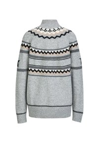 Grijze gebreide trui met een hoge kraag, voorzien van zwart, wit en tan zigzag- en streeppatronen. Ribgebreide manchetten en zoom zorgen voor textuur.