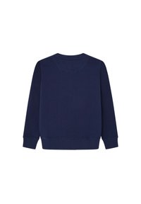 Tmavě modrá mikina s dlouhými rukávy, žebrovanými manžetami a spodním lemem a kulatým výstřihem. Hladká textura bez viditelných vzorů nebo ozdob.