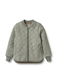 Zelena prešita jakna z zadrgo, rebrastim ovratnikom in manšetami, dvema stranskima žepoma, mehko teksturo in kontrastno notranjo podlogo.