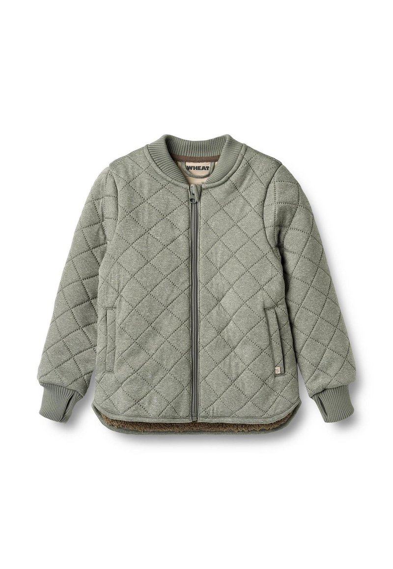 Zelena prešita jakna z zadrgo, rebrastim ovratnikom in manšetami, dvema stranskima žepoma, mehko teksturo in kontrastno notranjo podlogo.