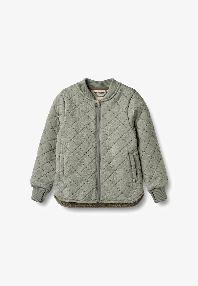 Zelena prešita jakna z zadrgo, rebrastim ovratnikom in manšetami, dvema stranskima žepoma, mehko teksturo in kontrastno notranjo podlogo.