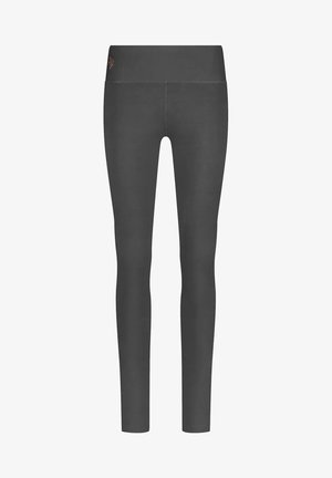 Graue Leggings aus dehnbarem Stoff, mit hohem Bund und schlanker, enganliegender Passform sowie dezenten Nähten.