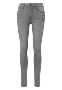 Jean skinny en denim gris avec un léger effet délavé, design à cinq poches, fermeture à bouton sur le devant, et coutures contrastées le long des coutures.